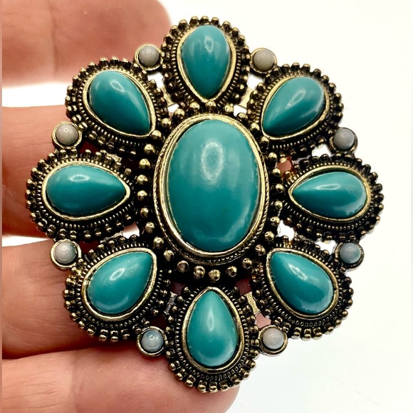 Vintage Bronze Tone Oval Pendant Turquoise Colored Gems Southwestern Style - Picture 3 of 6